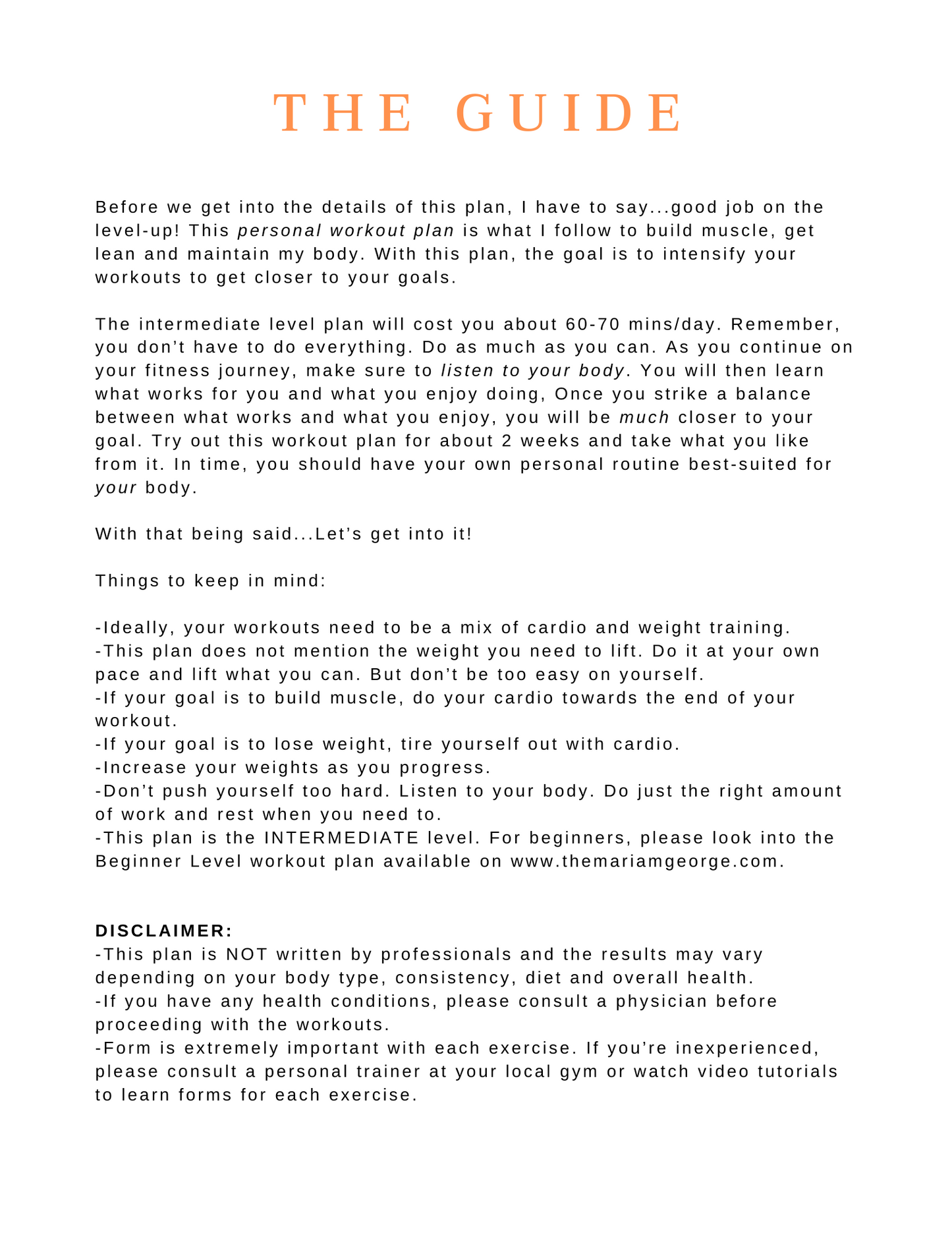 Personal Workout Plan- Intermediate Level